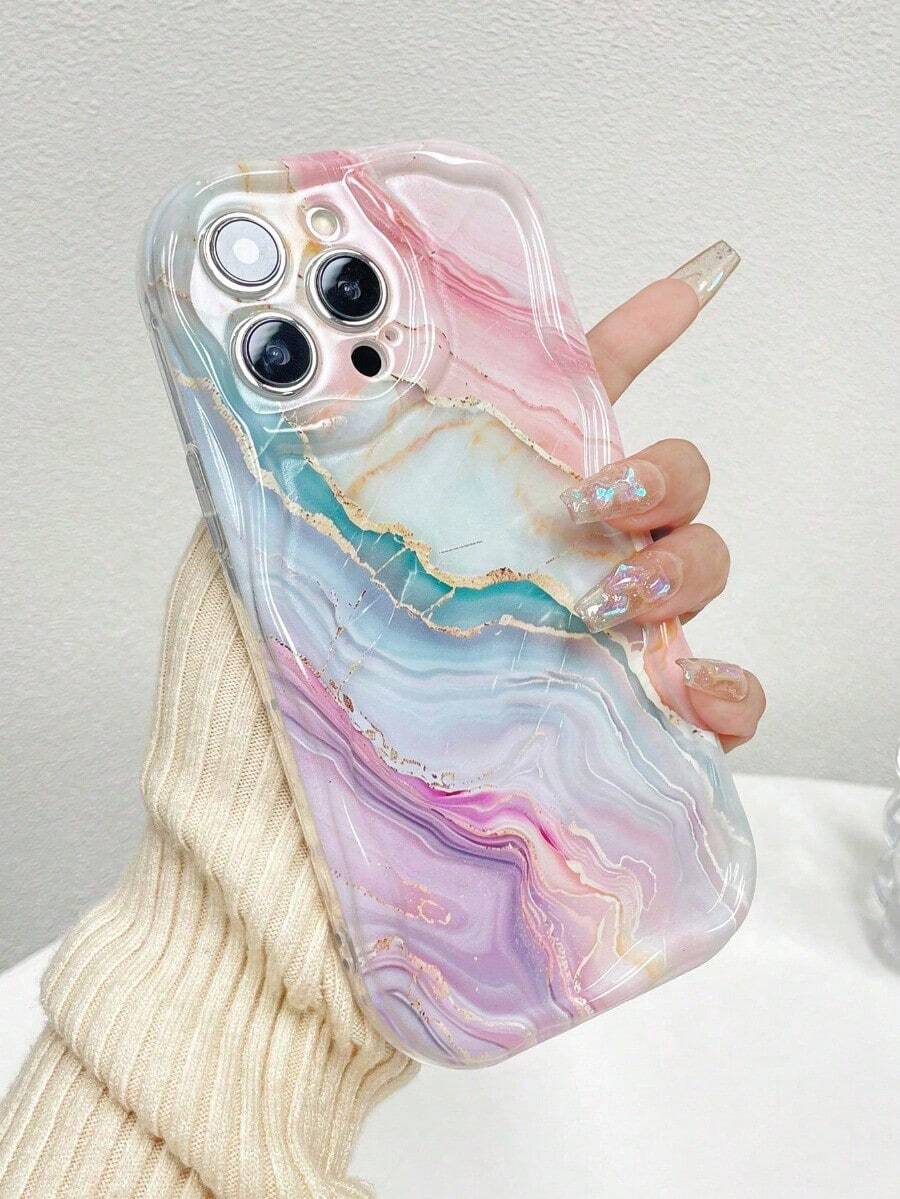 1pc Marble Texture Glossy Printed Thick & Shockproof Mobile Phone Case, Compatible With Apple &  Series - Nhiều màu - Xem 1