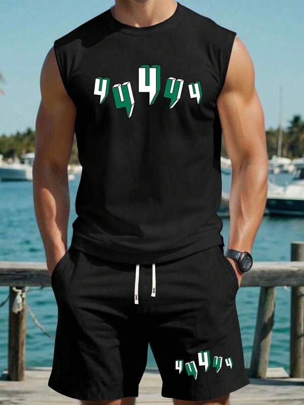 Conjunto de camiseta sin mangas y pantalones cortos de verano para hombre, ropa deportiva de moda casual para playa, vacaciones, pesca, baloncesto, fitness, 2 piezas con pantalones corto con cordón, adecuado para correr, golf, Pesca, Baloncesto, campamento, gimnasio, natación y playa. Regalo para esposo o novio