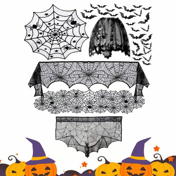 6 pezzi Tende da finestra gotiche nere in pizzo con decorazioni di ragnatele, pipistrelli, streghe e scheletri per Ognissanti, adatte per feste e decorazioni domestiche in occasione di Ognissanti