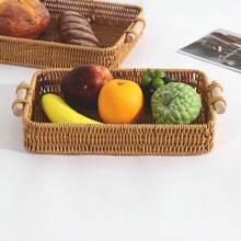 1 pieza Cesta de frutas tejida a mano de ratán, cesta de pan rectangular, cesta de almacenamiento para el hogar, bandeja para la sala de estar, bandeja para té, plato de frutas, cesta de aperitivos, resistente al calor, utensilios de cocina duraderos