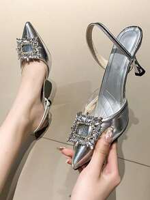 Zapatos de tacón alto sensuales para mujer en color liso, sandalias de tacón alto con puntera envolvente, zapatos de tacón alto, con cordones de diseño en la parte trasera, zapatos de tacón fino para mujer, perfectos para combinar con vestidos para asistir a reuniones, fiestas y bodas. - Plateado - Ver 1