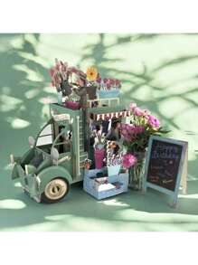 Carte d'anniversaire pop-up 3D avec voiture verte rétro et fleurs colorées - Carte de vœux pour anniversaires, anniversaires, félicitations - Design de dessin animé ludique, cadeau idéal et décoration de fête, carte-cadeau Carte pop-up florale Illustration charmante, décorations d'anniversaire, pour les fournitures scolaires, rentrée des classes