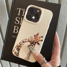 Expression 1pc White Leather Texture Minimalist Giraffe Pattern Couple Phone Case, Compatible With Iphone 16 Pro Max, 15, 14 Plus, 13, 12, 11 Protective Cover Waterproof Shockproof Anti-Fall Scratch Resistant - Multicolor - View 4