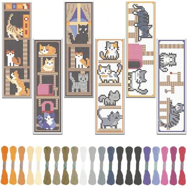 6 Sets Of Cross Stitch Bookmark Kits, Cute Kitty Pattern Embroidery Bookmarks For Adults Beginners, Embroidery DIY Kit With Instruction, Cross Stitching Kit Adult Birthday Gift (Some Embroidery Tool Colors Random)