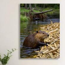 Framed Beaver Building A Dam With Wood Chips,  - Contemporary Wall Art For Living Room, Bedroom, Office, Dining Room, Bar - Unique Wildlife Decor, Perfect Gift Idea, Indoor Wall Decor|Natureinspired Design|Highquality Print, Beaver Decor