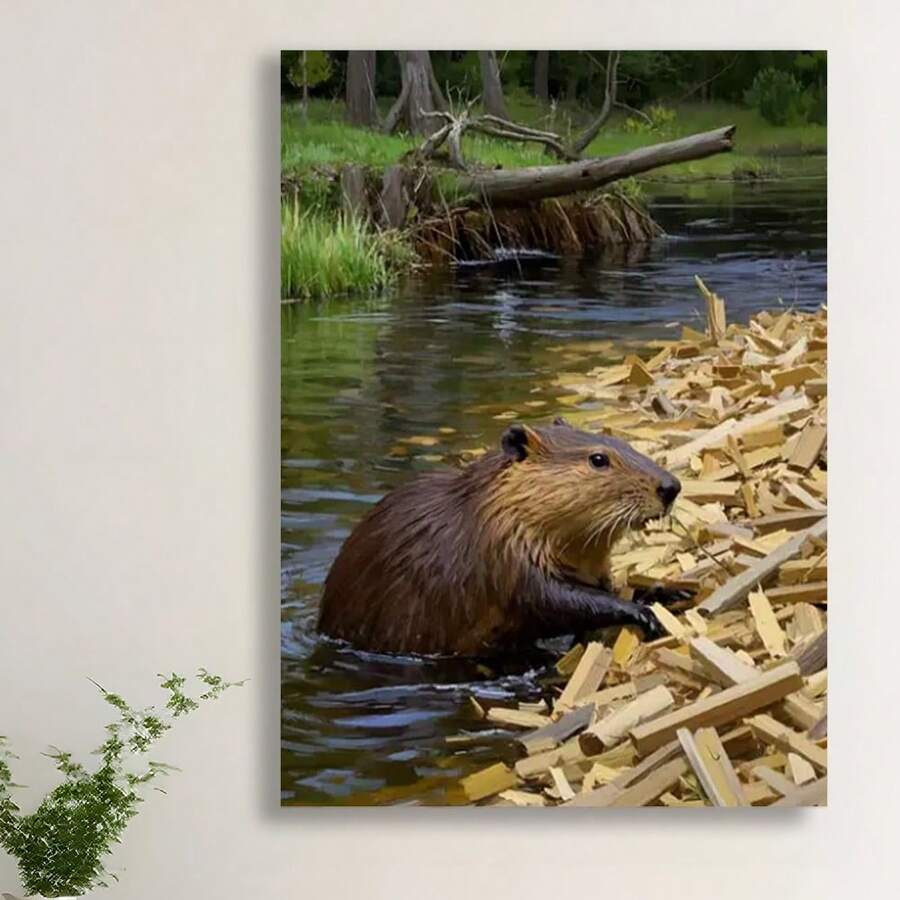 Framed Beaver Building A Dam With Wood Chips,  - Contemporary Wall Art For Living Room, Bedroom, Office, Dining Room, Bar - Unique Wildlife Decor, Perfect Gift Idea, Indoor Wall Decor|Natureinspired Design|Highquality Print, Beaver Decor