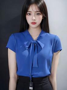 Women's Short Sleeve Formal Shirt With Bow Tie - Elegant Tailored Blouse, Korean Style, Office Look, Knot - Xanh đậm - Xem 2