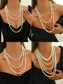 1pc Handmade Multi-Layer Pearl Choker Necklace, Evening Style, Ladies Jewelry - White - View 7