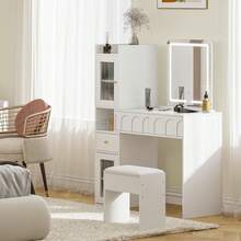 Dressing Table With Mirror And Stool, Modern Vanity Set, 3 Drawers And 2 Large Storage Cabinets, Bedroom Makeup Desk For Women Girls - White - View 10