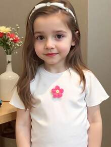 3pcs Young Girl Casual Ribbed Short Sleeve Floral Top And Colorful Ribbed Shorts Set - White - View 9