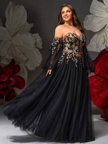 VIPGIRL Black Floral Embroidered Off Shoulder Ball Gown With Detachable Sleeves, Tulle Plus Size Formal Dress For Prom, Gala, Wedding Guest,Evening Dress Women Dresses,Evening Gowns Formal Plus