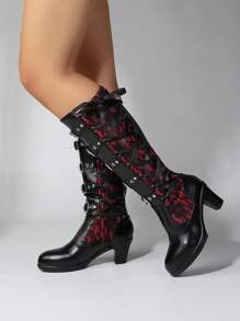 Botas altas de tacón grueso góticas y punk para mujer, para boda, novia, fiesta, Halloween, con cremallera trasera, hebilla, encaje, tacón de bloque, cordones, tacones altos rojos