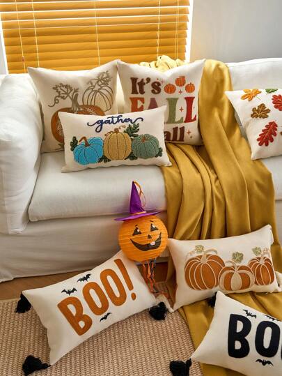 1 pieza Funda de almohada con hojas de arce de otoño y calabaza de 18 X 18 pulgadas, bordado 3D en capas de calabaza, funda de almohada de estilo granja en color beige para sofá, sillón, decoración de otoño, Halloween, Acción de Gracias, decoración de otoño, decoración de habitación, regreso a la escuela, útiles escolares