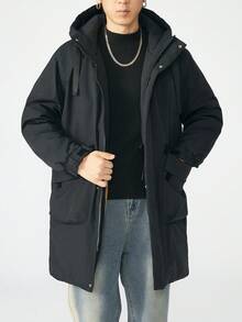 Men Plus Size Long Sleeve Padded Coat, Thickened Mid-Length Winter Coat , Fall - Black - View 4