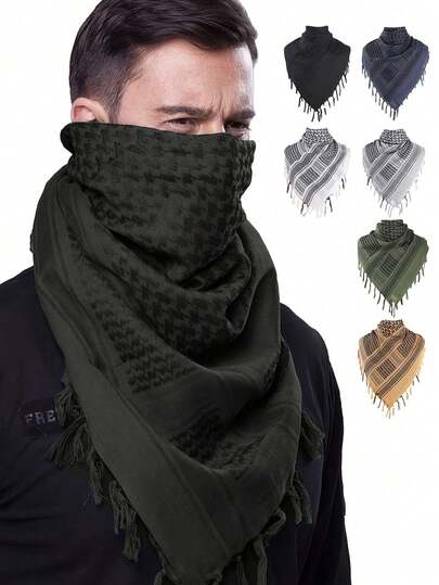1pc Men's Black Windproof Tactical Scarf - Durable, Bohemian Style, For Outdoor Enthusiasts And Military Fans, With Tassels, Versatile Mask Headwear, Street Punk Warm Triangular Shawl, Suitable For Couple Gifts