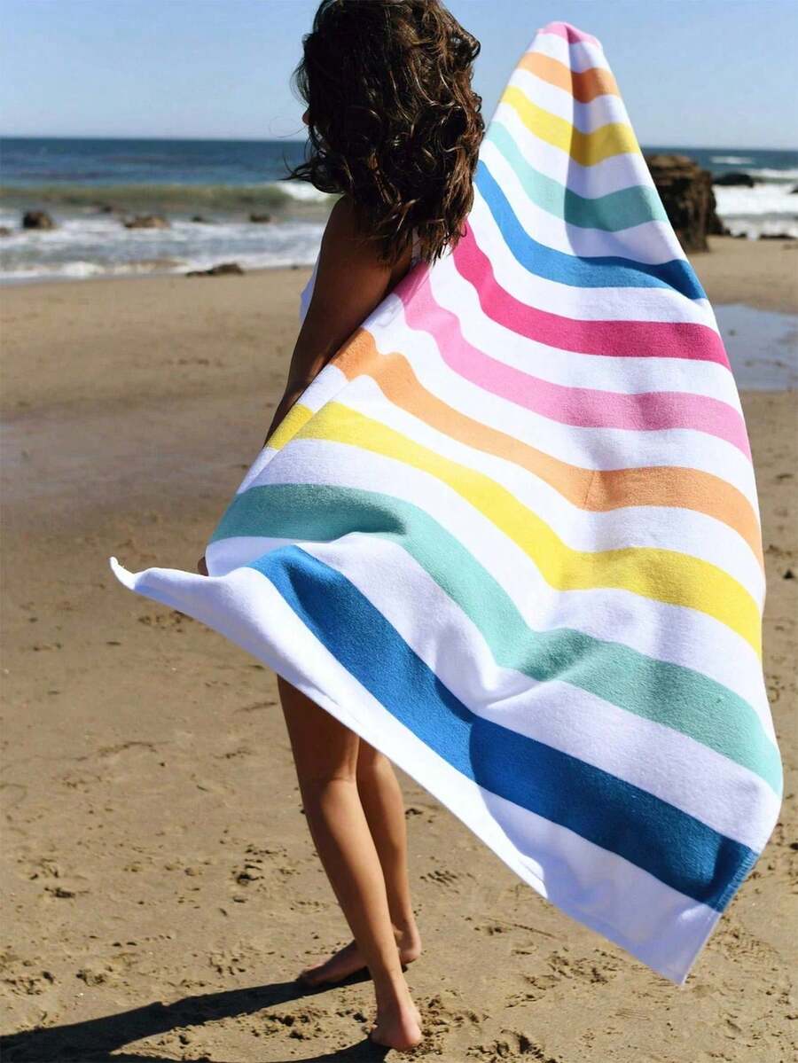 1pc Simple Corolful Striped Beach Towel, Extra Large Quick Dry Microfiber Absorbent Anti-Sand Beach Bath Towel, Suitable For Travel, Swimming Pool, Yoga, Gym, Beach Holiday Essentials , Beach Accessories, Pool Float - Color 2 - View 1