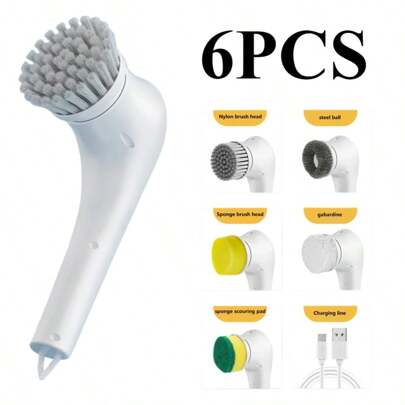 1PC[ Multi Scene Cleaning King ] Electric Cleaning Brush Set, 6 Brush Heads Including Nylon/Steel Wire Ball/Sponge, Kitchen Oil Stains, Bathroom Water Stains, Furniture Dust... Different Scenes Can Be Cleaned With Just One Brush, And Charging Is Super Worry Free