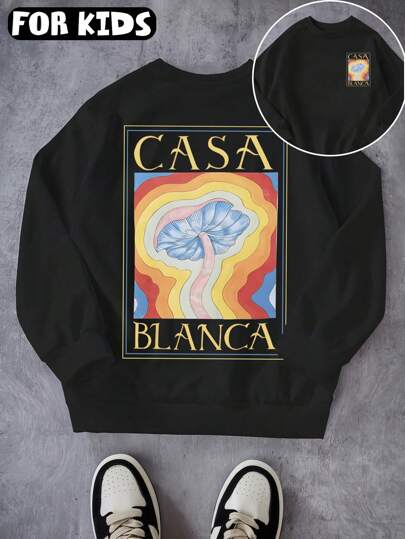 Fundo colorido com estampa dupla face de cogumelos fantásticos, novidade para a primavera! Moletom masculino com ombros caídos, Curve oversize, casual e versátil, esportivo e solto, estilo urbano, blusas confortáveis de manga comprida para crianças.
