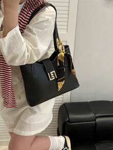 PU材质单肩手提包，围巾图案，大容量，轻便百搭，适合通勤。 - 黑色 - 查看 5