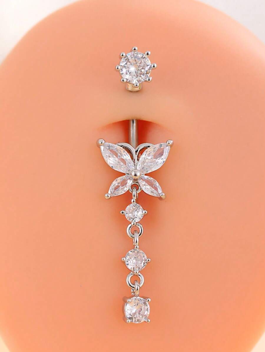 1 Stück Bauchring mit Schmetterling und 3 Zirkonia Anhängern sowie 1 Stück 5mm Zirkonia Stein, klassischer Bauchnabelpiercing Schmuck für Frauen