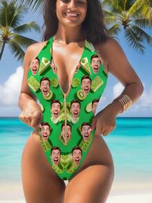 1 pieza Traje de baño personalizado para mujer, con diseño personalizado en la parte frontal, traje de baño con cremallera y espalda descubierta, traje de baño de cintura alta sin mangas, sexy, femenino, para piscina, playa, vacaciones, ropa de baño para chicas