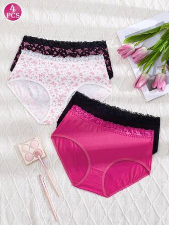 4pcs Women's Lace Butterfly Briefs, High Elasticity, Comfortable, Breathable, Skin-Friendly, Sexy Hipster Panties, All Season