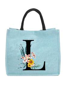 Sunflower & Daisy, Letter A-Z Print Blue Linen Tote Bag, Perfect Holiday Gift, Multifunctional Portable Handbag/Shoulder Bag, Fashion Minimalist Linen Bag, Large Capacity Storage Bag, Gift For Women, Teacher's Day Gift, Cosmetic Bag - Blue - View 42