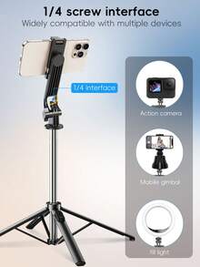 STICKMAG 1.85M 无线蓝牙自拍杆四脚架，配备 LED 三档可调美颜灯，360° 旋转不锈钢防抖三脚架自拍杆，手持落地式兼容 iPhone16、15、14、13、12、11e/Max/Pro/Xs/Xr/X/Plus，兼容三星 Galaxy S25/S24/S23/S22Ultra 等安卓智能手机兼容 安卓手机适用于暑假、旅行、补光、户外活动、直播 Vlogging 设备