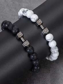 2 件/套简约情侣黑色火山岩和白绿松石哑铃串珠手链套装，男朋友/女朋友礼物，日常佩戴珠宝，简约设计 - 彩色 - 查看 7