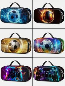 Kids Pencil Case With Soccer Ball Print, 3 - Layer Large Capacity, Cute Handle For Back To School, Multi-Slot Boys Mark Pouch With Zipper Compartments For Office School - Pencil Case - View 1