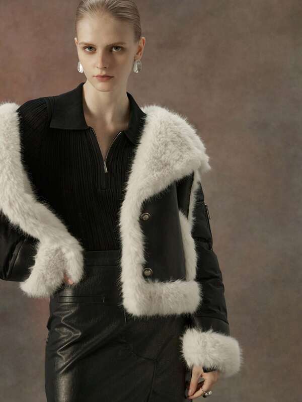 Veste à col en fourrure pour femmes pour l'automne/hiver avec poches zippées et une coupe confortable et près du corps