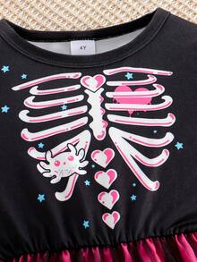 1pc Girls Casual Bone, Spider, Heart Patchwork Soft Knit & Mesh Long Sleeve Dress, Suitable For Outdoor Wear, Autumn/Winter - Multicolor - View 3