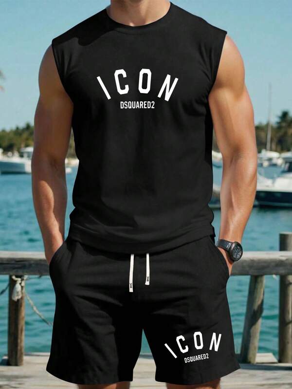 Set de 2 piezas de camiseta sin mangas y pantalones cortos con estampado de letras para hombres en verano, conjunto de ropa casual de playa, vacaciones, pesca, baloncesto, fitness y deportes con pantalones cortos con cordón, adecuado para correr, golf, pesca, baloncesto, camping, gimnasio, natación y playa
