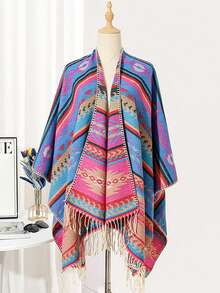 1 Pieza de Chal Retro con Flecos de Jacquard para Calentar y Proteger del Sol, Cárdigan Grueso Oversize, Chal de Viaje Retro, Chaqueta Vaquera a Prueba de Viento