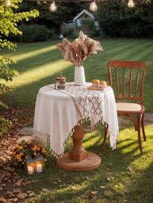 1 pieza Mantel rectangular de lino grueso con bordado y flecos, estilo bohemio, adecuado para sala de estar, dormitorio, cocina, mesa de café, mueble de TV, tela decorativa con borde floral para boda, fiesta, cumpleaños, mesa de comedor, decoración del hogar