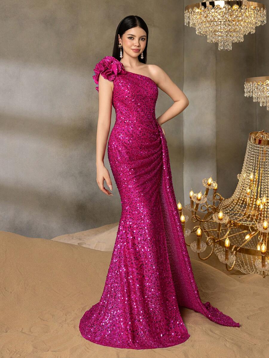 Alisa&Leo Teen Girls' Sequin One-Shoulder Evening Gown With Ruffled Layers & Asymmetrical Slit - Fish Tail Skirt & Shimmering Finish For Graduation Balls, School Events & Teen Galas - Hot Pink - View 1