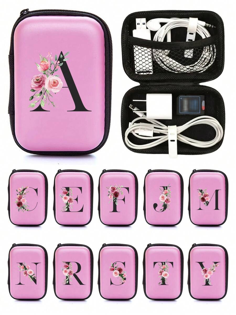 Borsa organizer in EVA con iniziali da A a Z, colore rosa, borsa per conservare cavi dati e linee USB per il viaggio, custodia per l'archiviazione di elettronica come cavi, caricabatterie, cuffie, porta auricolari per festival musicali. Accessori tech portatili e pratici per il viaggio, portafoglio con cerniera per conservare tutto il necessario. Adatto per viaggi, lavoro, scuola, conservazione di caricabatterie e organizzazione dei cavi nella camera da letto.