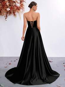 Elisanya 优雅夏季露肩 V 领高腰开衩裙，露背系带舞会派对礼服 - 黑色 - 查看 2