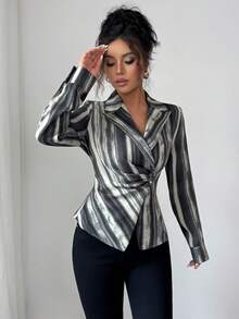 Satin Shirt, Long-Sleeved Top, Striped Waist-Hugging Shirt, Professional Slim Suit Collar, Autumn Suit, Fall Women Clothes Streetwear - Grey - View 3