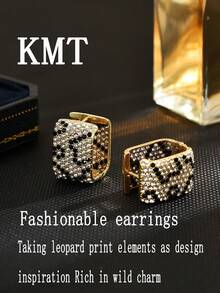 KMT 2pcs Copper Inlaid Zirconia Leopard & Snake Print Luxury Women's Fashion Earrings, Elegant Gift Box - Leopard Print - View 8