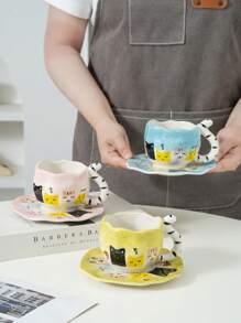 1 Set Creative Cute Cat Tail Handle Handpainted Cat Ceramic Coffee Cup & Saucer - Multicolor - View 2