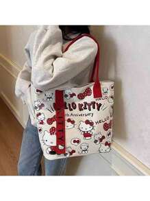 Sanrio Sanrio Sanrio Hello Kitty Canvas Handbag, Cute KT Tote Shoulder Bag, Cartoon Versatile Tote Bag, Large Capacity Commuter Bag, Suitable For Travel, Back To School, Commuting Tote Bag For School