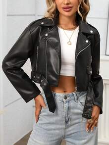 女士仿皮短款夹克，翻领拉链机车飞行员夹克，配腰带 - 黑色 - 查看 4