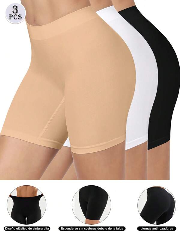 3 pezzi Pantaloncini senza cuciture, leggeri, delicati sulla pelle, antiscivolo, ad asciugatura rapida e traspiranti, stile minimalista, vita alta, medio sostegno, colore unito, alta elasticità, adatti per sport, yoga e fitness, sia per donna che uomo