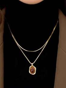 1pc Double-Layer Amber & Tiger Eye Stone Necklace, Fashionable Luxury Copper Material Gold Color Necklace Suitable For Women's Daily Wear, Party, Banquet, Performance, Daily Outfit Matching