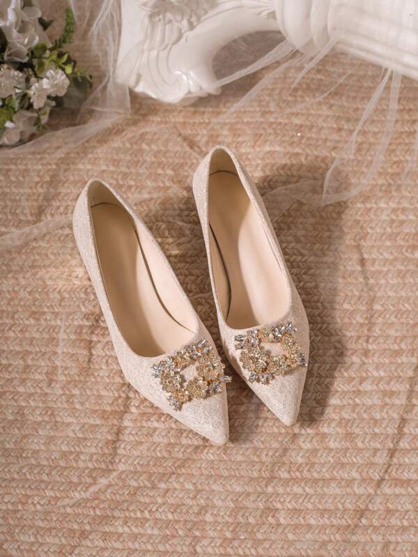 Tacones de boda de color champán, tacon de caña cuadrada con rhinestones franceses para vestido de novia