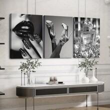 3pcs Wooden Framed Canvas, Fashion Women And Perfume Theme Posters, Fantasy Decorations, Frame Painting, Modern Art, Canvas, Perfect Gift For Friends And Family, Home, Room Mural, Office, For Living Room, Bedroom Wall Decor, HD, 8K, Odorless,