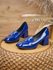 Giày Mary Jane kiểu Pháp cổ điển Thu/Đông, Giày cao gót nữ mùa xuân mới, Giày da cỡ lớn thanh lịch kiểu Hàn Quốc, Giày cao gót mũi vuông đế dày màu trơn, Thanh lịch, Giày - Màu xanh hải quân - Xem 5