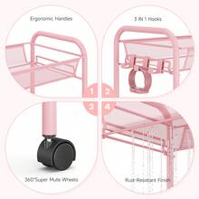 KK KINGRACK TOOLF 4 层滚动推车，带 3 个挂钩的金属实用推车，易于组装的带轮移动存储手推车，金属搁架单元厨房浴室洗衣房户外装饰 - 粉色 - 查看 4