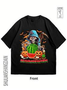 Men's casual T-shirt, one piece, 3 colors, 100% cotton, soft and comfortable, for leisure and sports, can be paired with men's shorts. Men's T-shirt, men's shirt, summer T-shirt, men's hoodie. Summer design with watermelon skull and pumpkins. - Negro - Ver 1
